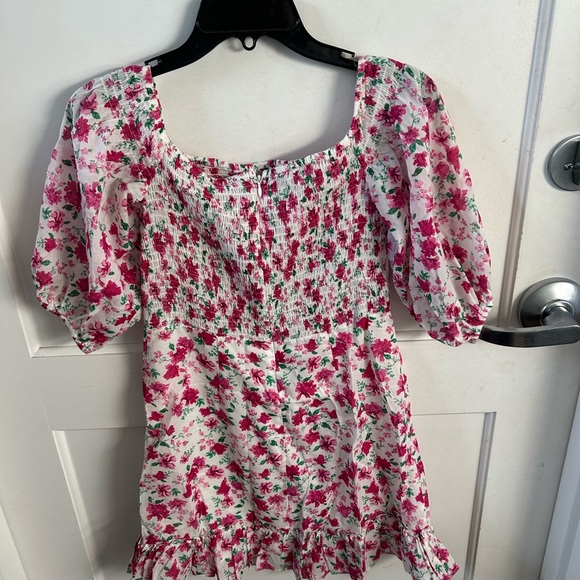 Olivaceous White Dress with Pink Floral and Green Leaf Print - Picture 2 of 3